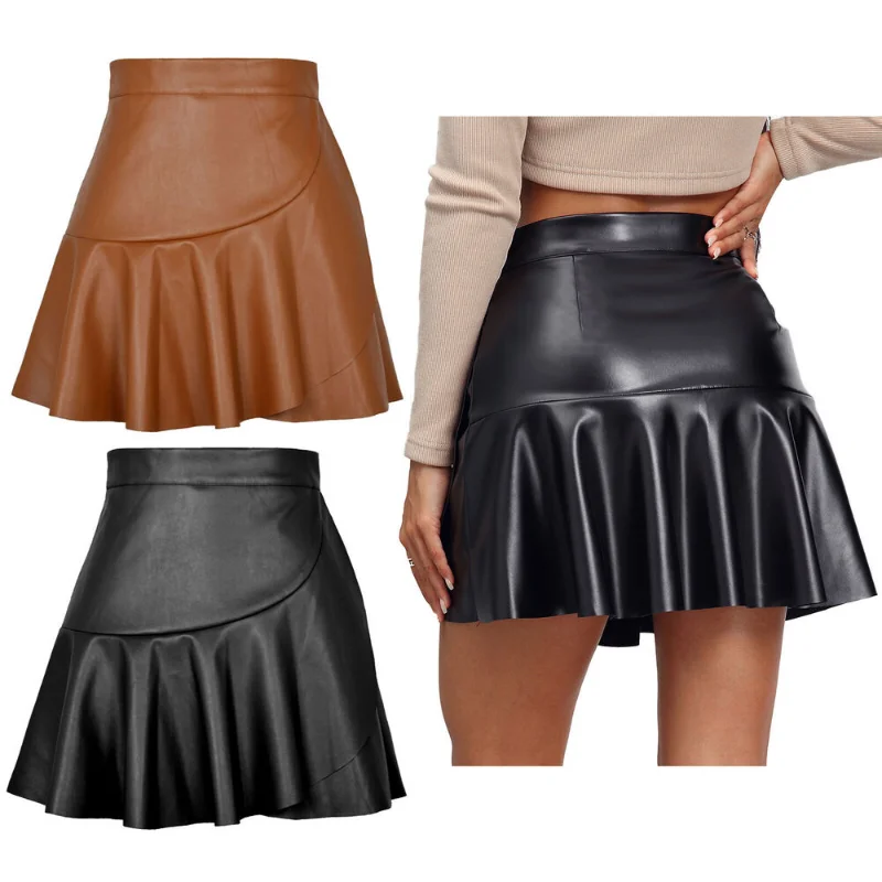 Women's PU Leather Tight Pleated Skirt Sexy High Waist Mini Skirt Party Club Dress European and American Fashion Trends