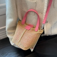 2 pieces woman straw bucket beach bag 2022 summer woven handmade handbags and purses rattan lady brand crossbody shoulder bags