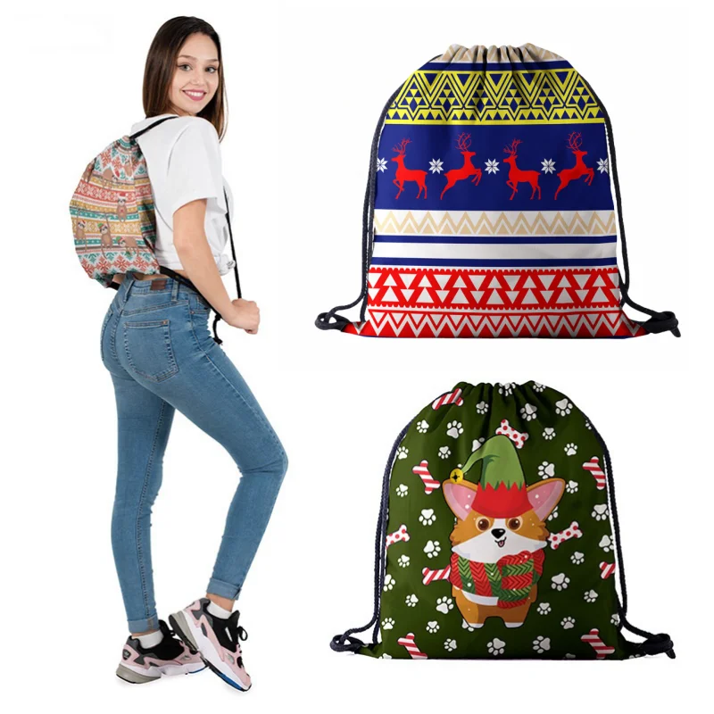 

2023 Merry Christmas Backpacks Portable Printing Drawstring Bags Drawstring Bundle Sundries Bag Book Bags For Man Woman School