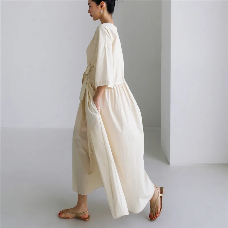 

SuperAen 2022 New Loose Oversized College Style Lace-up Bow Cloak Sleeves O-Neck Solid Casual A-LINE Dress Women
