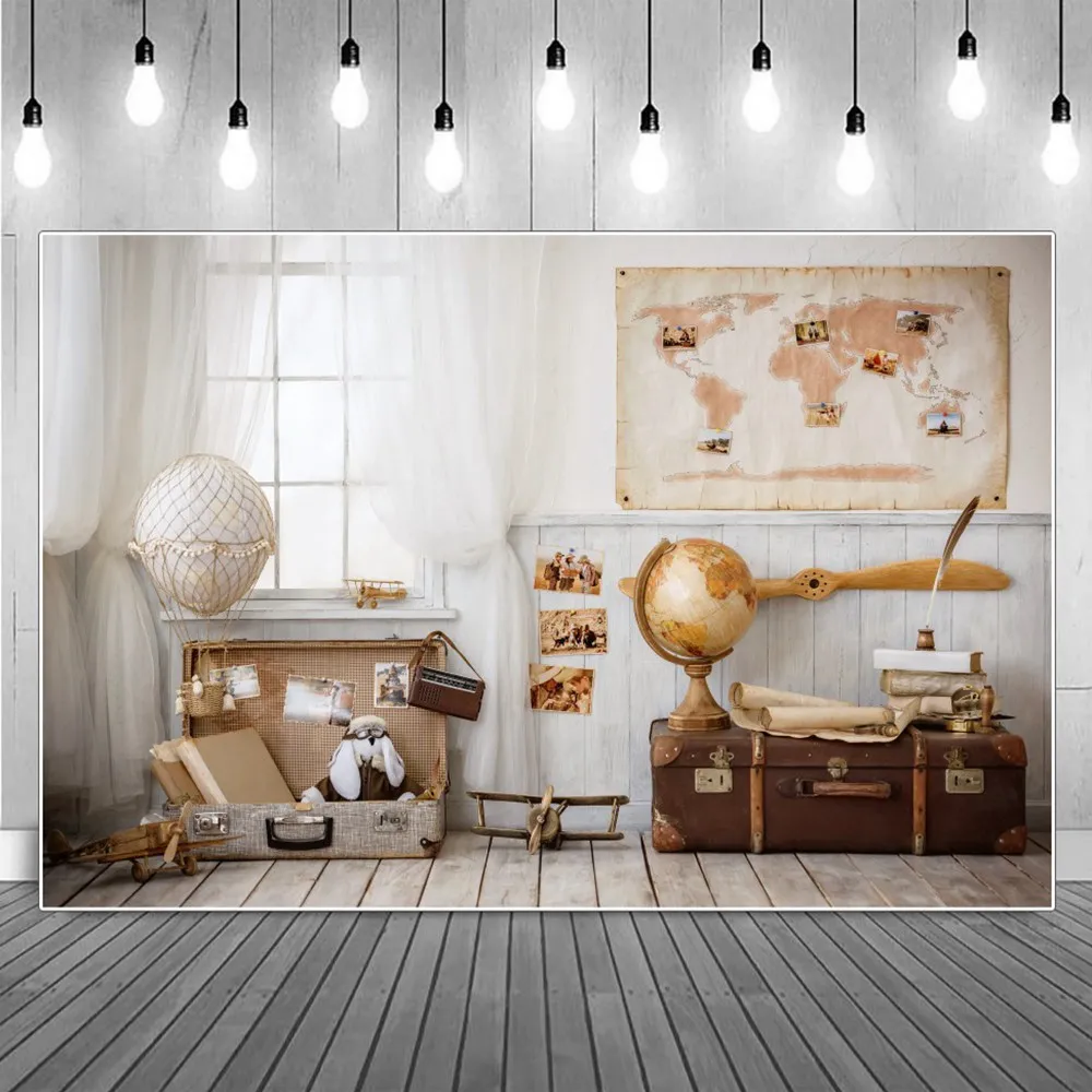 

Indoor Photo Backdrops Retro Map Boxes White Curtain Bubble Wood Photography Backgrounds Children Photographic Portrait Props