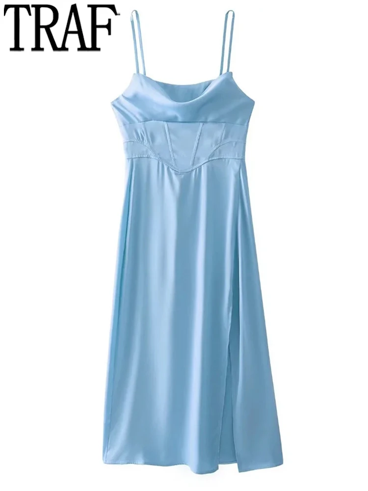 

TRAF 2022 Blue Corset Dress Woman Slip Long Party Dresses For Women Elegant Pink Slit Midi Dress Sleeveless Sexy Summer Dresses