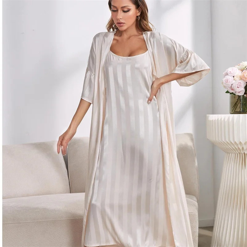 Women's Sleepwear 2 Pcs Sets Velvet Sleepwear Striped Robe Nightgown and Backless Sleep Dress Pajamas Set