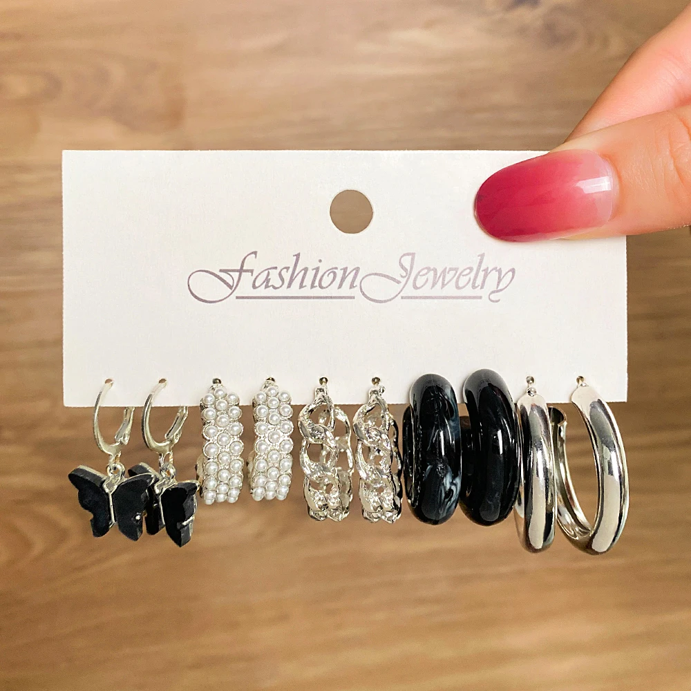 

KISSWIFE Punk Silver Color Metal Hoop Earrings Set For Women Fashion Black Acrylic Resin Pearl Earrings Brincos Party Jewelry