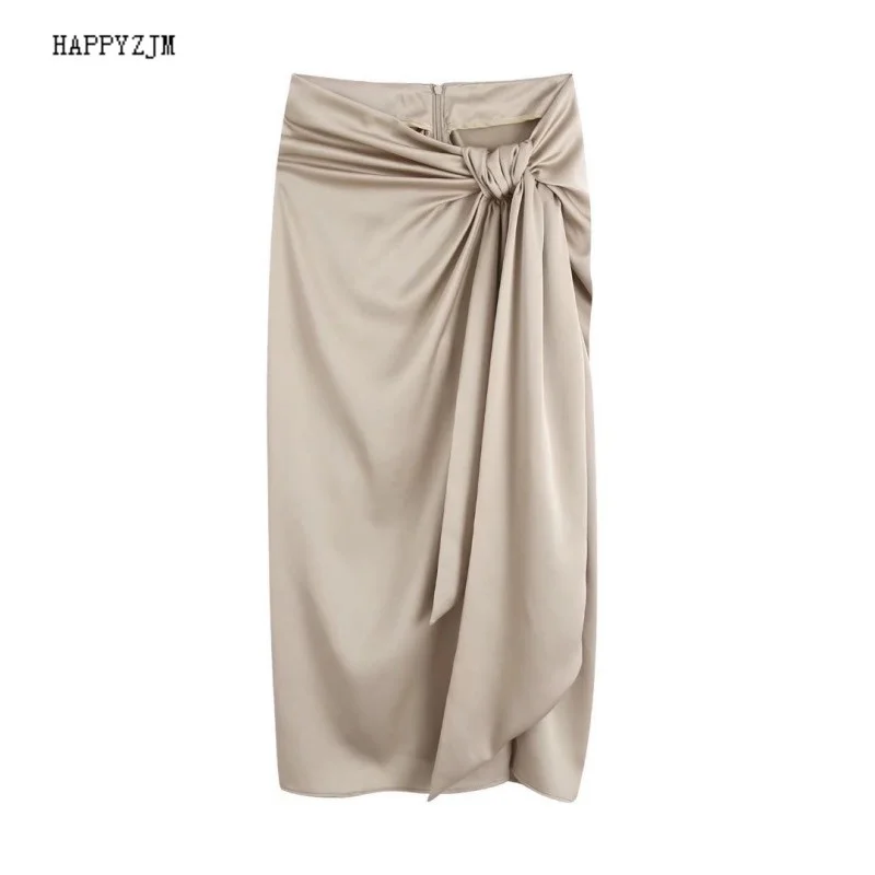 

2022 New Women Spring Summer New Knot Design High Waist Midi Skirt Fashion Asymmetric Side Split Hem Slimelegant/Trendy Skirts