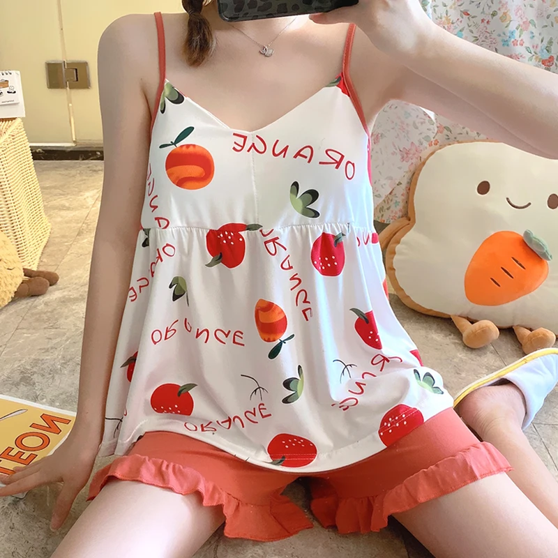 

Summer Sleepwear Set New Sling Shorts Dee Sexy Pajama Set Cute Women's Home Cloth Print Pyjamas with Chest Pad Nightwear Shirt