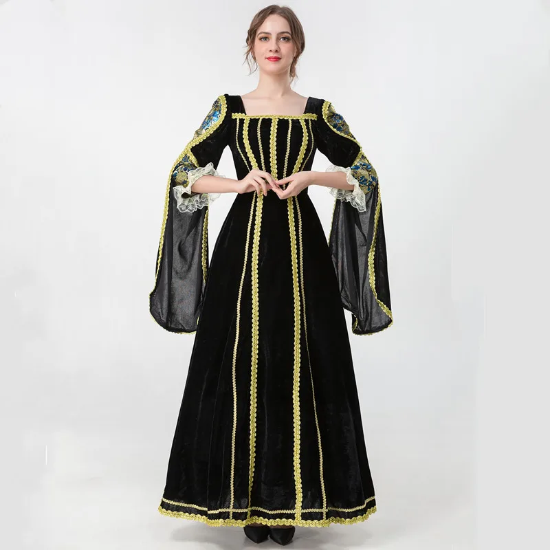 

Женский бархатный костюм принцессы, длинное платье в винтажном дворцовом средневековом стиле викторианской эпохи, с расклешенными рукавами для косплея на Хэллоуин
