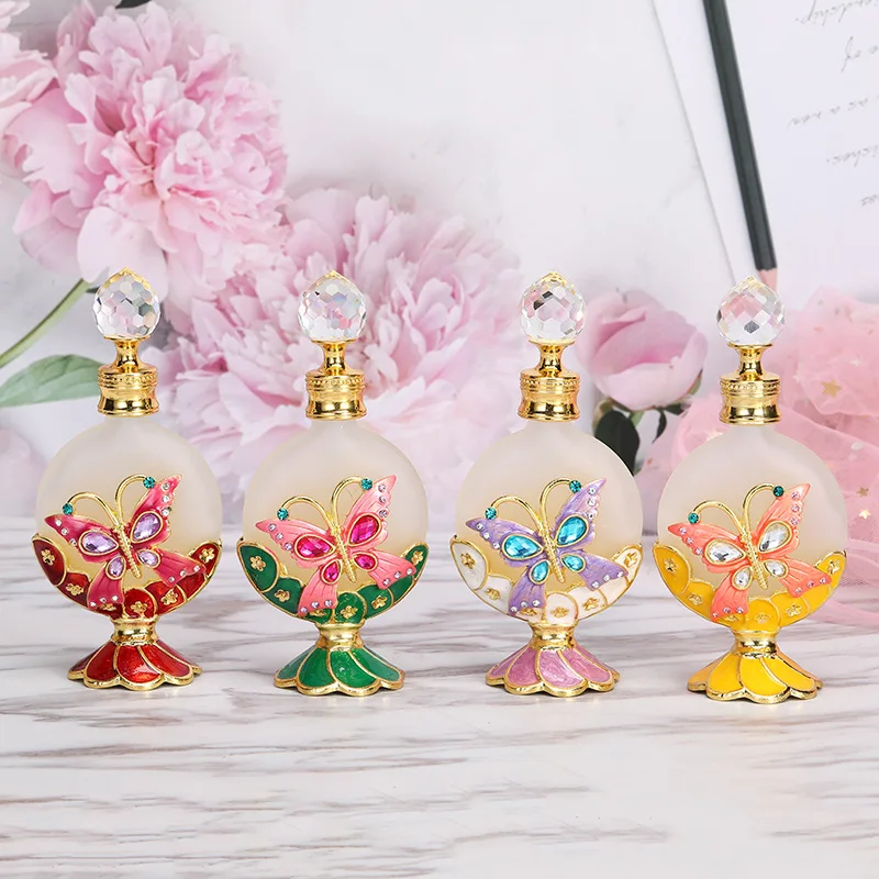 

60 X 18ml Perfume Bottle Vintage Butterfly Frosted Glass Carved Flower Crystal Cap Refillable Essential Oil Handmade Containers