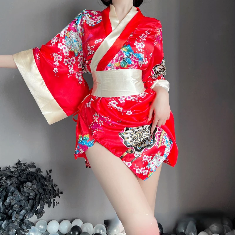 

Sexy Kimono Nightgown Yukata For Woman Japanese Floral Fashion Cardigan Belt Satin Silk Cardigan Haori Smooth Bathing Robe New