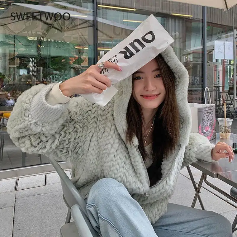 Women Short Jacket with Hood Knitted Generic Rabbit Fur Coat Autumn Winter Spring Sweater Femme Full Sleeve Outwear Slim Tide