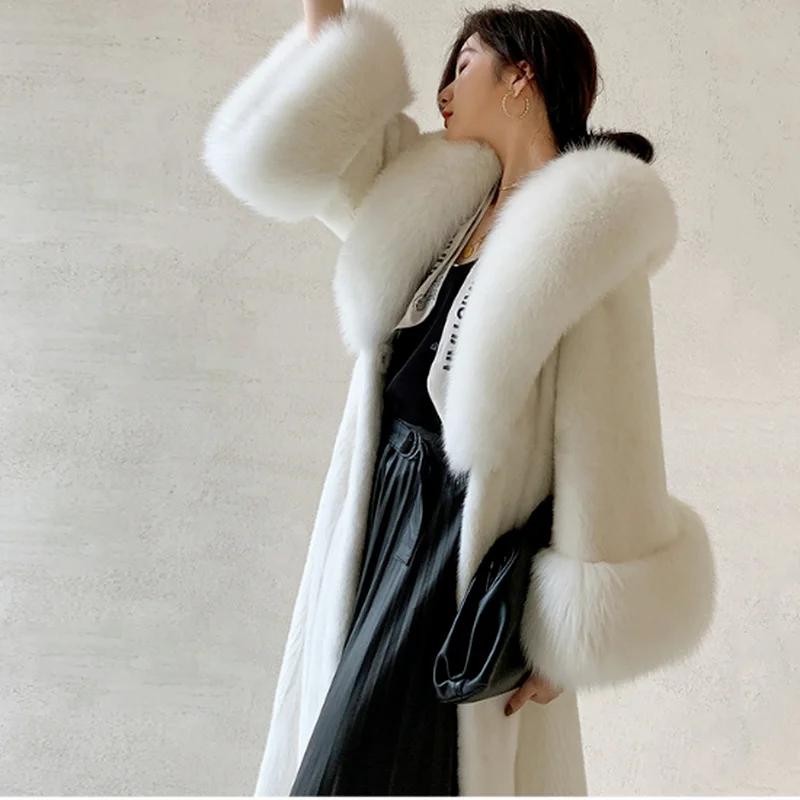 Winter Warm Fur Collar Female Mink Coat New Korean Style Temperament Fashion Slim Long Fur Trim Coat Women Furry 2021
