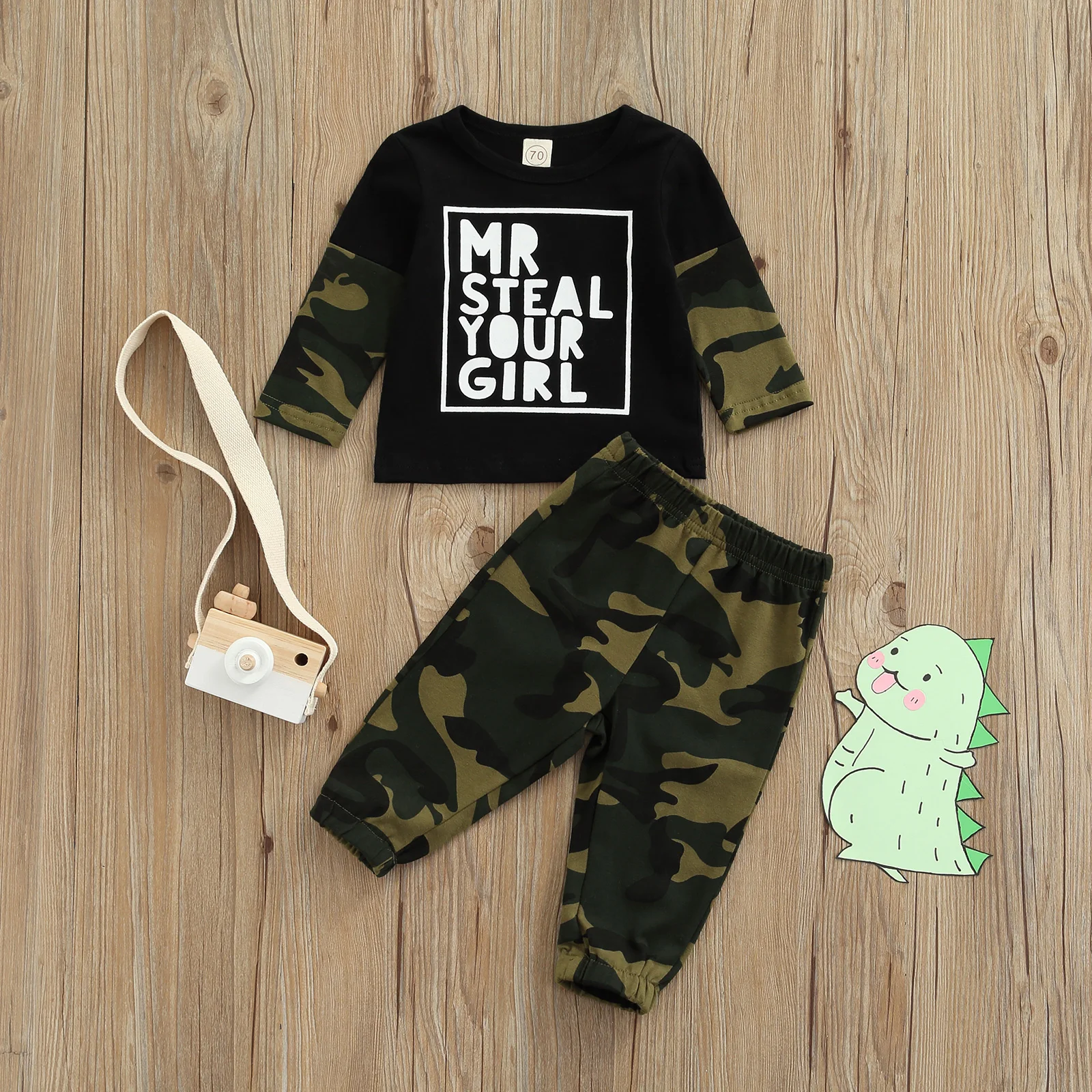

0-24 Months Letter Baby Boy\u2019s T-shirt and Trousers Set Fashion Letter Stitching Long Sleeve Tops and Camouflage Long Pants