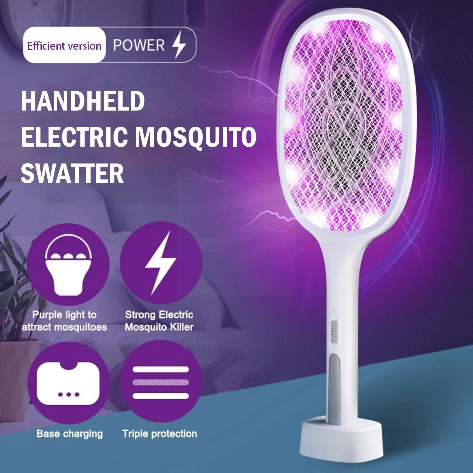 

3000V Electric Fly Racket USB Rechargeable with Charging Base Mosquito Bug Zapper Fly Swatter Killer with UV Light for Bedr W9I9