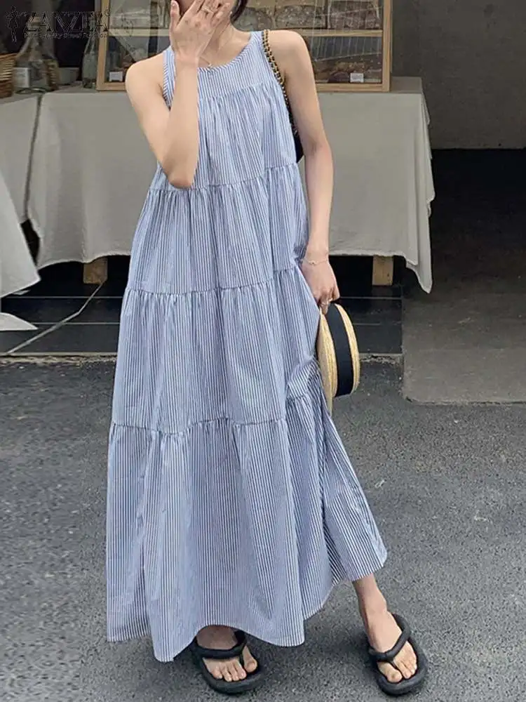 

Summer Sleeveless Striped Loose Long Dress 2023 ZANZEA Bohemian Holiday Maxi Sundress Fashion Casual Party Vestido Sarafans Robe