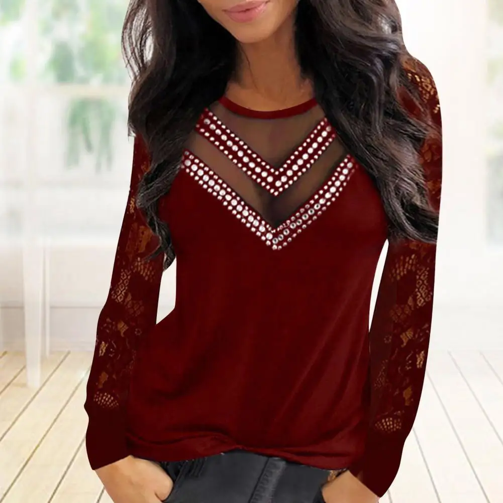 

Women Shirt Elegant Shiny Rhinestone Lace Spring Blouse Pullover Women Tops Symmetric Crew Neck Terrific Ladies Spring Shirts