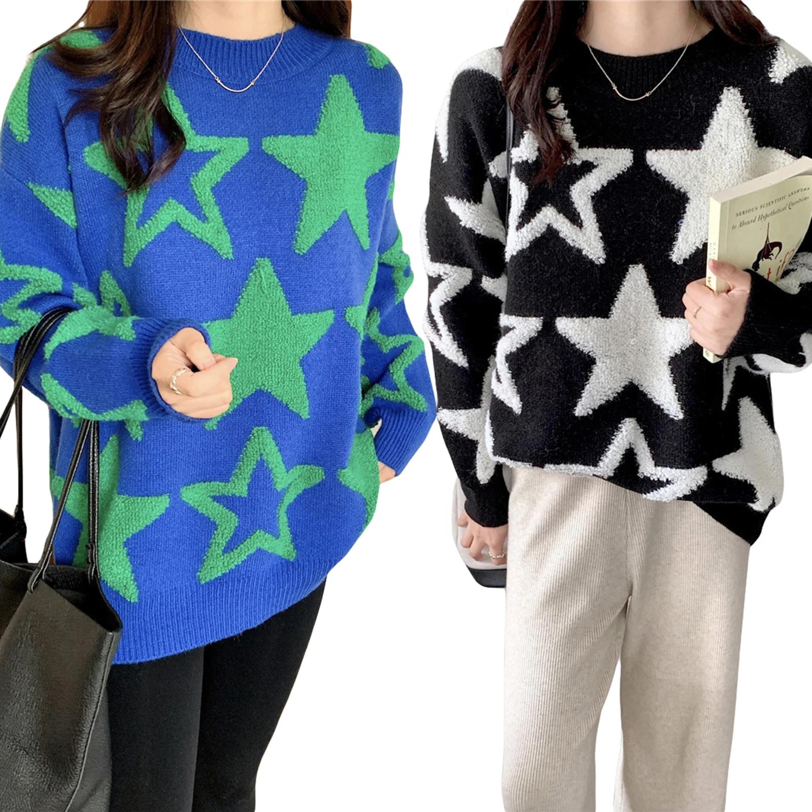 

Women's Round Neck Sweaters Vintage Star Print Long Sleeve Loose Knit Pullover Tops