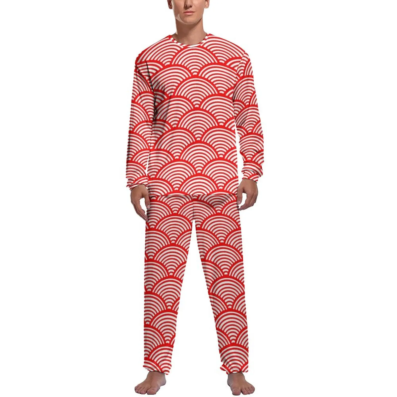 

Red Seigaiha Pajamas Japanese Waves Men Long Sleeve Cool Pajama Sets 2 Piece Bedroom Winter Pattern Sleepwear Birthday Present