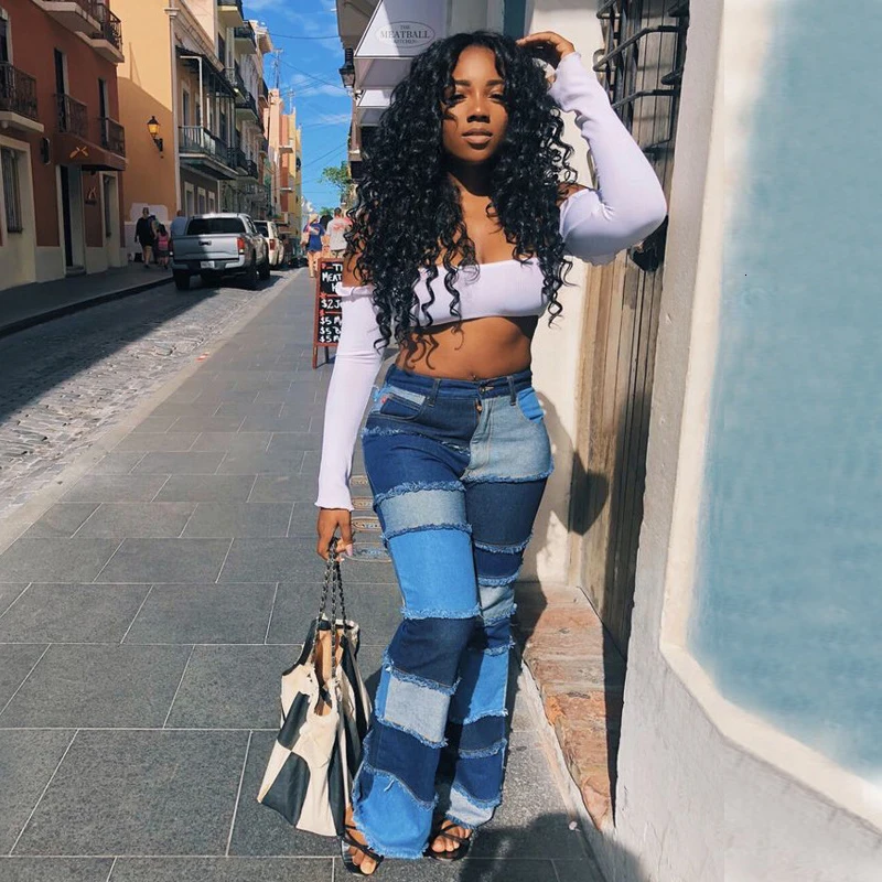 

Женские расклешенные брюки с высокой талией, джинсы с карманами в уличном стиле, сексуальные женские брюки в стиле хип-хоп, брюки с колоколь...