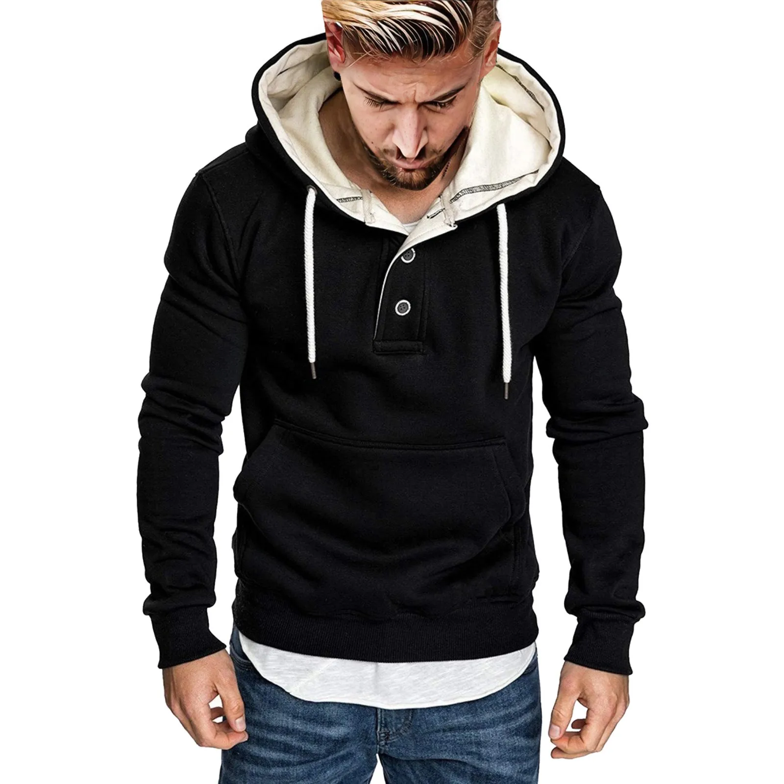 

Solid Color Drawstring Hoodie Men'S Casual Sportswear Sweatshirt Streetwear Basic Jumper Top Plain Workout Black Sudaderas