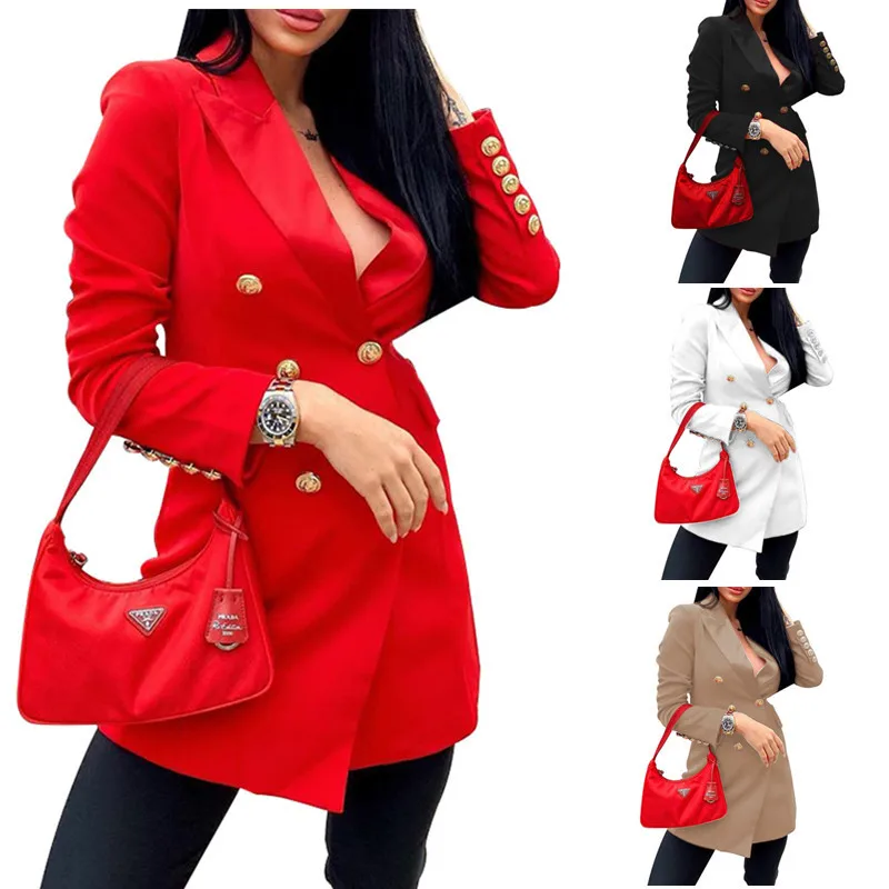 

2023 Fashion New Slim Long-sleeved Women Blazer Solid Color Double-breasted Mid-length Jacket Coats Blazers for Women