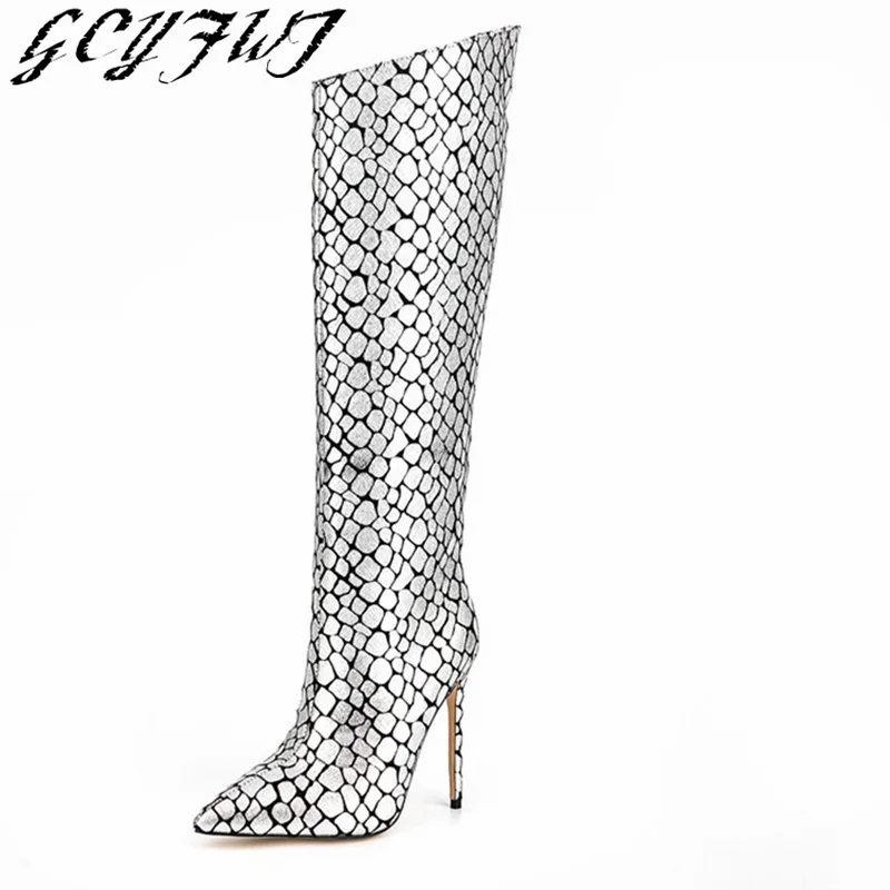 Women's Knee High Boots With Stone Patterns Fashion Colorful Female Shoes 2023 Sexy Pointed Toe Thin Heels Zipper-Sid Lady Pumps