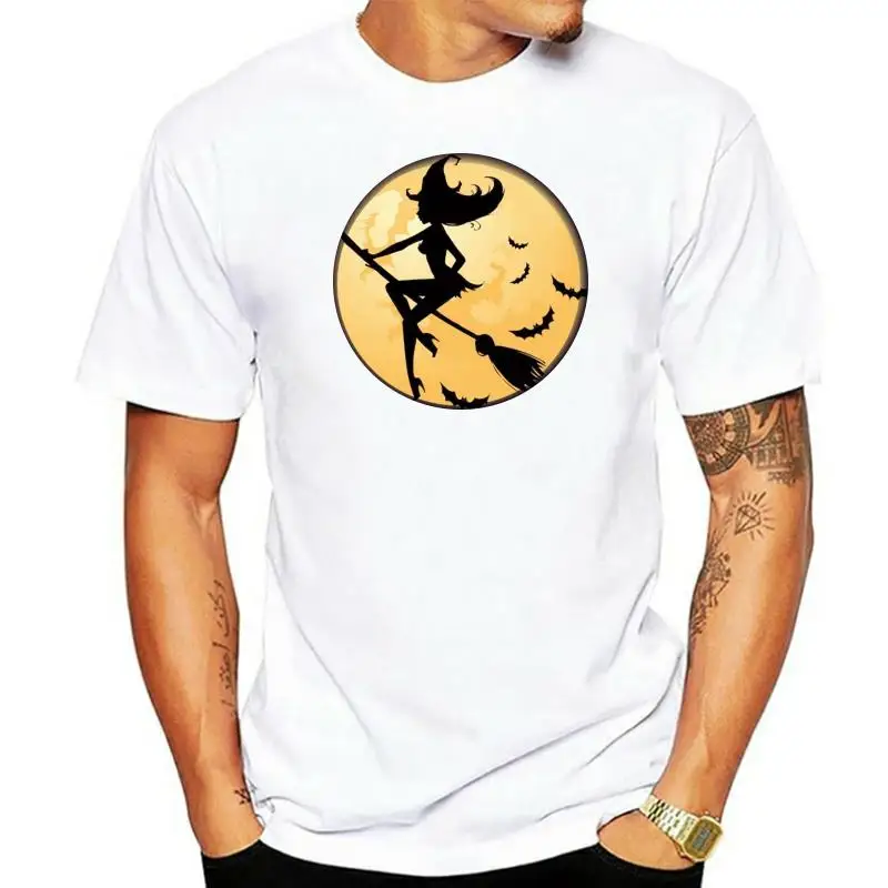 

WITCH ON BROOMSTICK men T-SHIRT - Goth Gothic Wicca Pagan Halloween -S To XL Korean Harajuku O-Neck Short Sleeve T Shirt