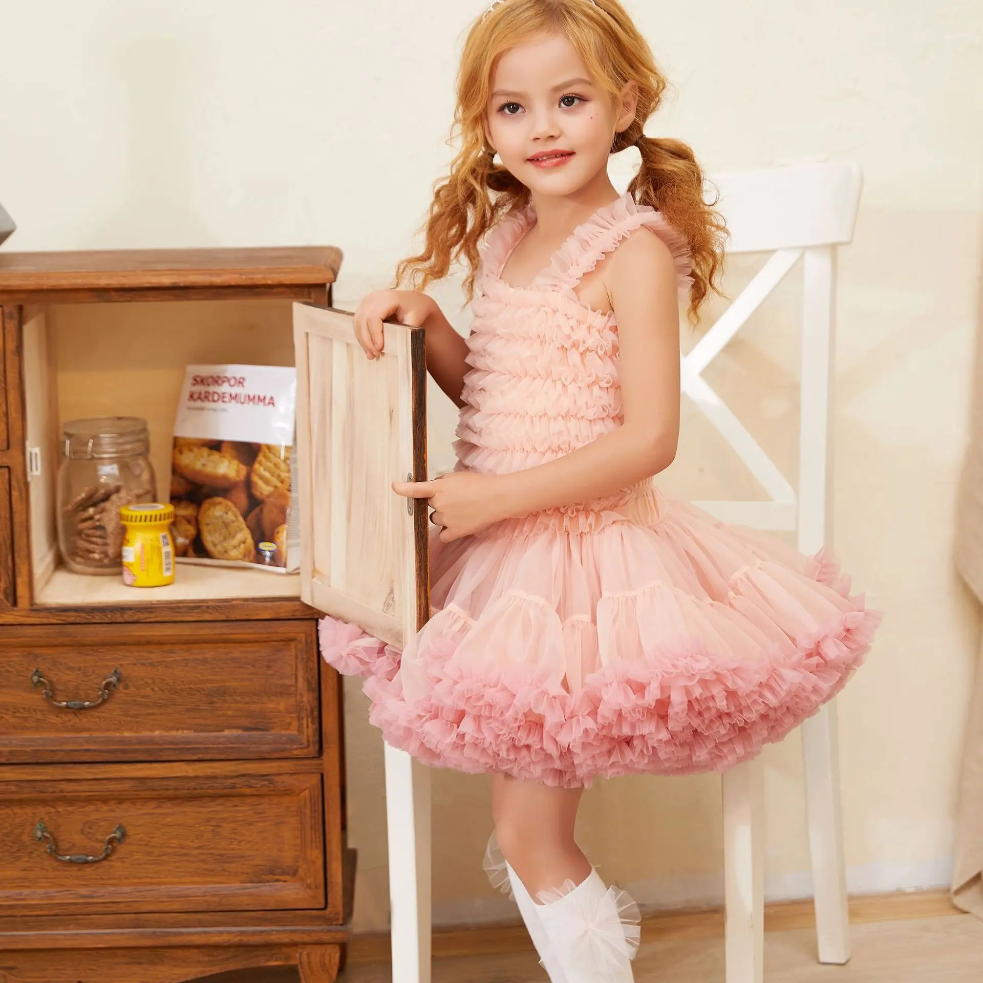 

2022 Summer Kids' Dresses Sleeveless Ruffled Children Tulle Princess Dress Kids Girl Tutu Slip Dress For Birthday Party