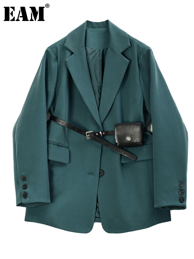 

[EAM] Women Blue With Bag Big Size Blazer New Lapel Long Sleeve Loose Fit Jacket Fashion Tide Spring Autumn 2023 1DE1122