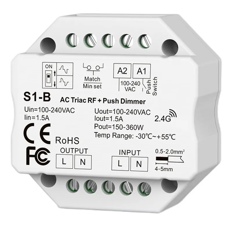 Skydance RF AC Triiac Dimmer APP Switch Одноцветный 2 4G LED Xontroller S1-B CH*1.5A + Push Phase-Sut (WT)