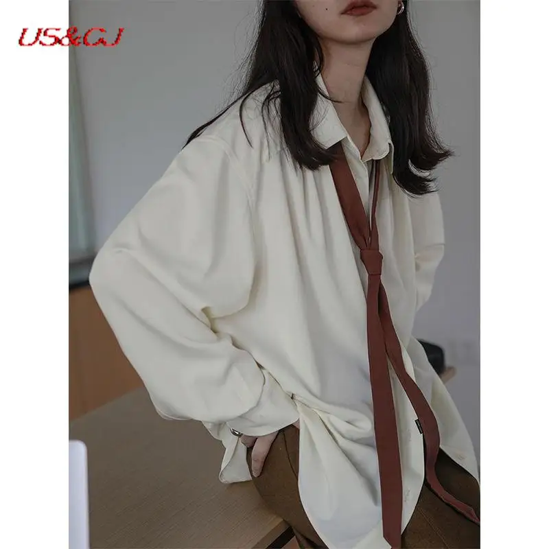 

2022 Summer Women Fashionable Simple Blouse Tie Korean Style Pure Color Lapel Shirt Leisure Long Sleeve Single breasted Shirt