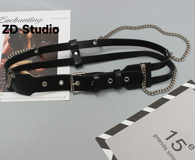 

[ZD Studio] Pu Leather Black Metal Chain Long Wide Belt Personality Women New Tide All-match Spring Autumn 2023