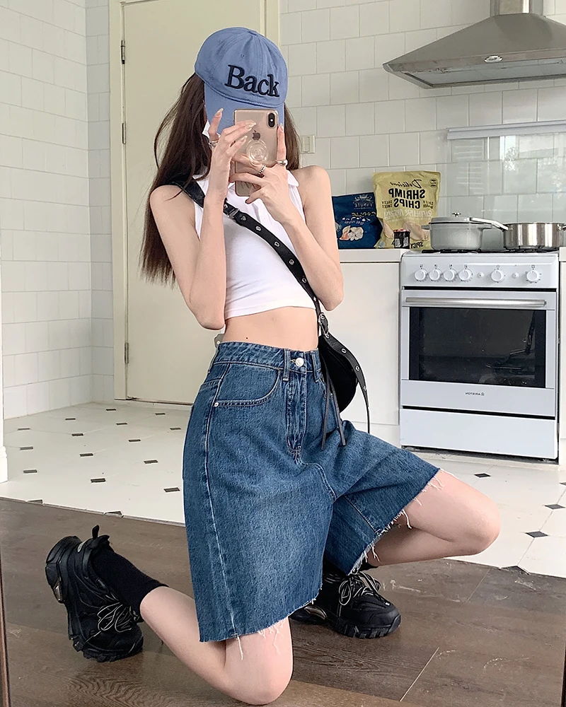 2023 Denim Shorts Women's Blue Commuter Summer New High Waist Straight Tube Loose Wide Leg Slim Capris