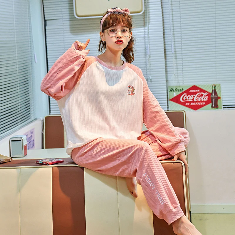 new style pajamas female long sleeve cotton cartoon cute spring and autumn simple girls can wear home clothes