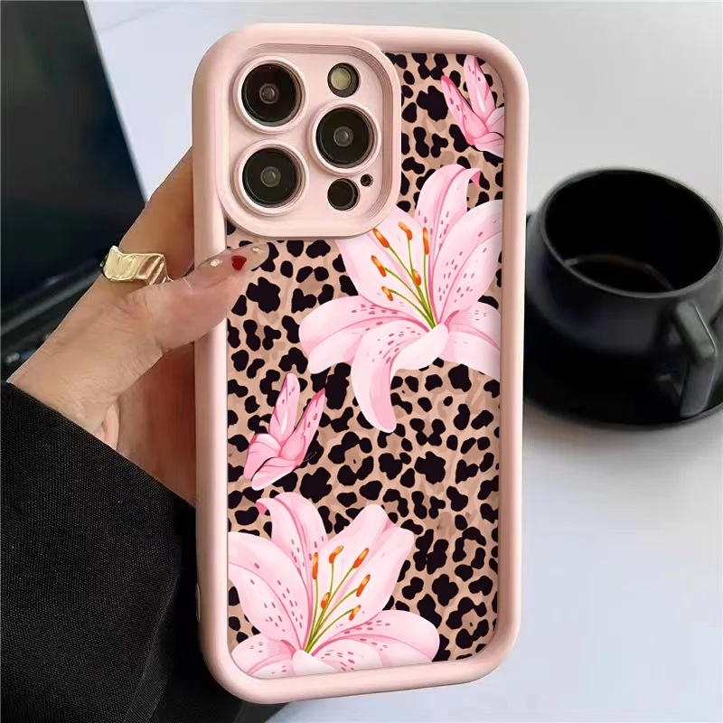 Фото Чехол для телефона с леопардовым принтом и розовыми лилиями для iPhone 17 16 Pro Max 11 13 12 14 15 8 7 Plus XS XR X 16E 17E, противоударный, из ТПУ №1