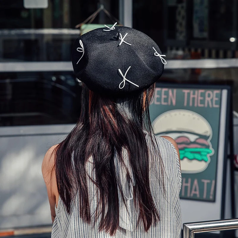 Осенне-весенние вязаные береты с милым бантом для женщин тонкие полые дышащие