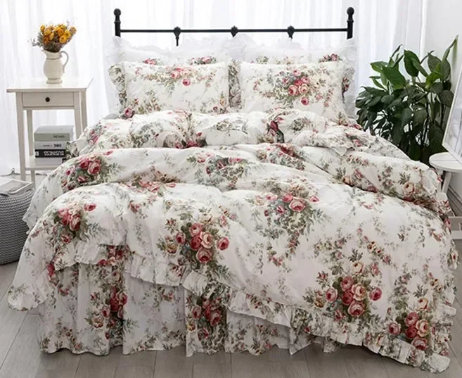 

Комплект постельного белья King Size с садовым цветочным принтом, пододеяльник с рюшами, простыня, постельное белье принцессы, комплект постельного белья, комплекты одеял Queen