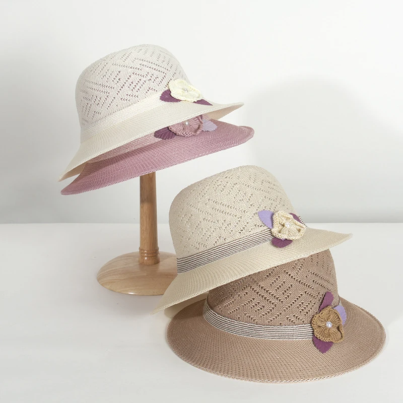 

Женская кружевная Панама от солнца, Пляжная пляжная шляпа с жемчужинами и цветами, летняя Солнцезащитная большая соломенная шляпа