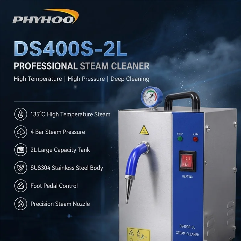 Фото Профессиональная паровая чистящая машина PHYHOO DS400S, высокотемпературная (135°C), давление 4 бар, 2 л, из нержавеющей стали SUS304, для чистки ювелирных изделий №1