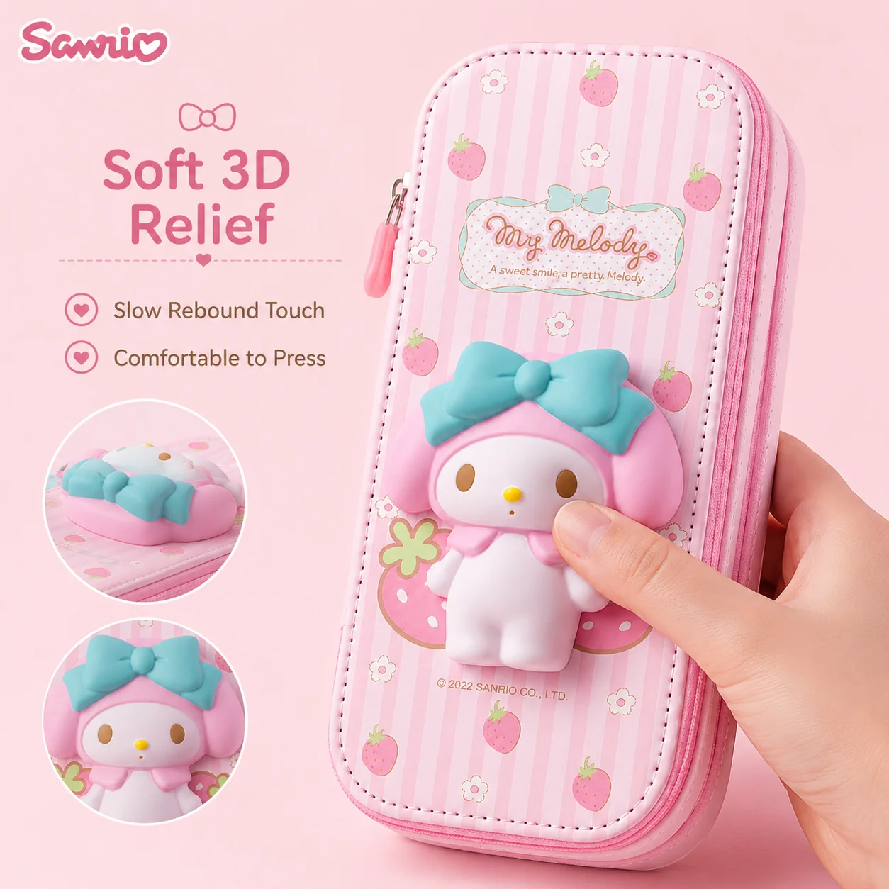 Фото Пенал Sanrio My Melody 3D для снятия стресса, из искусственной кожи, большой вместимости, двухслойный, милый мультяшный пенал-коробка для канцелярии №2