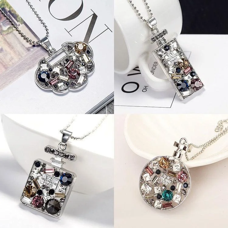 

Perfume Bottle Pendant Long Necklace For Women's Crystal-diamond Inlaid Geometric Sweater Chain Clothes Accessories