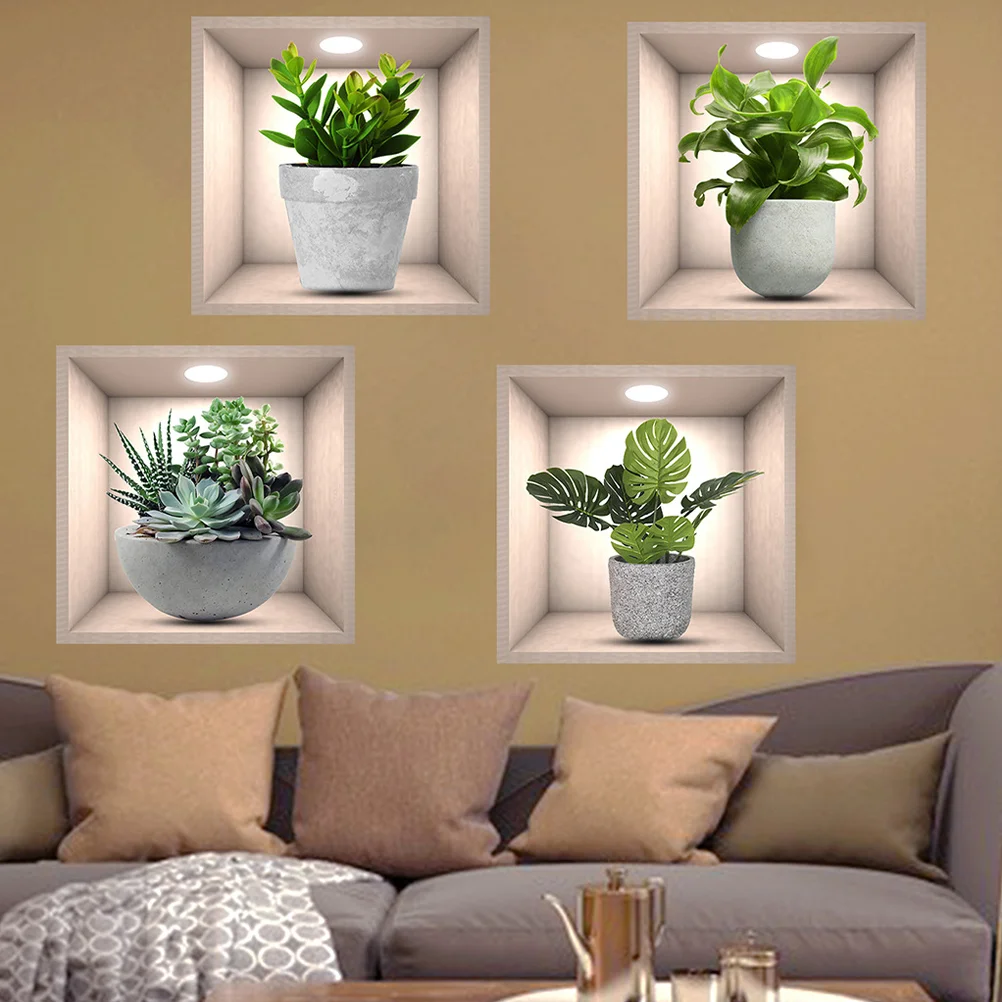 

8 Pcs Flower Pot Sticker Living Room Wall Decor Retro Decal Home Vintage Decals Flowers Printing Adhesive