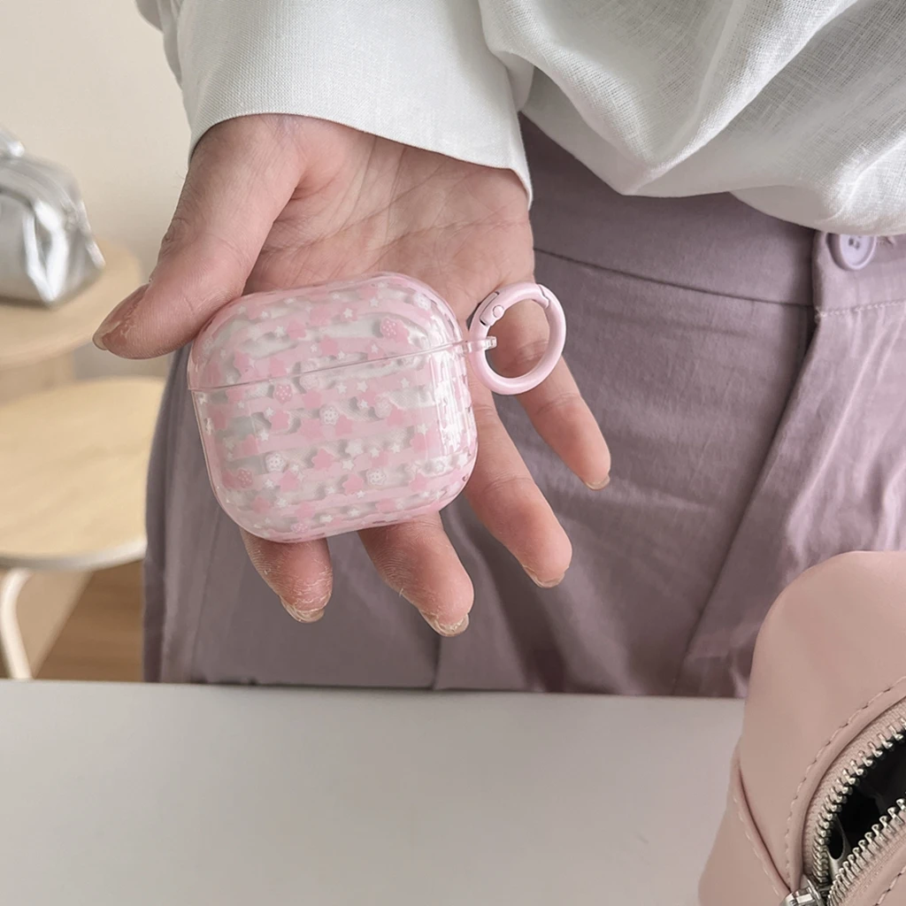 Прозрачный чехол с крючком в розовую полоску и блестками для AirPods 1 или 2 3 4 Pro