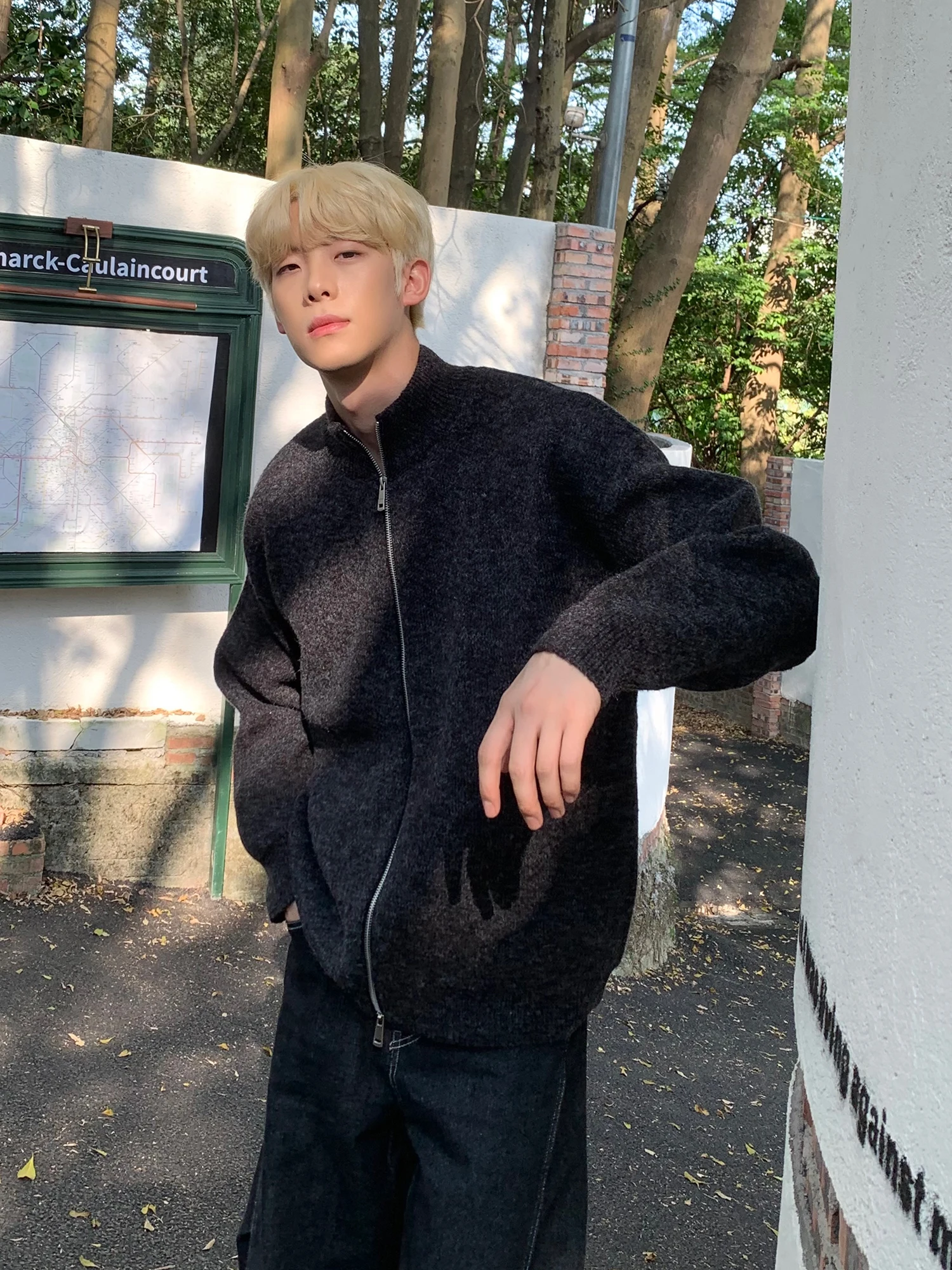 AP MMDD однотонный простой кардиган с двойной молнией дизайн воротник-стойка свитер