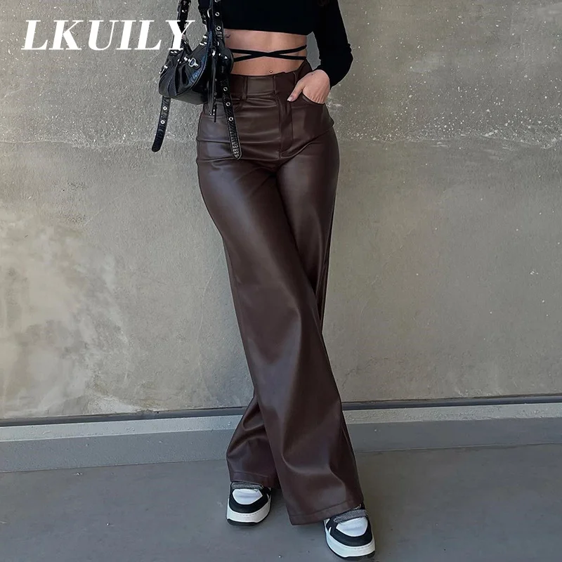 

Уличная одежда Y2K женские модные прямые брюки из искусственной кожи винтажные Женские Мешковатые прямые брюки с завышенной талией на молнии с широкими штанинами