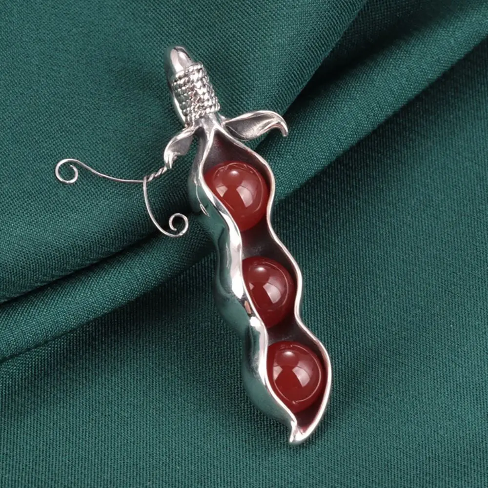 

Pure S925 Sterling Silver Men Women Lucky Agate Bead Leaf Peanuts Pendant 10g