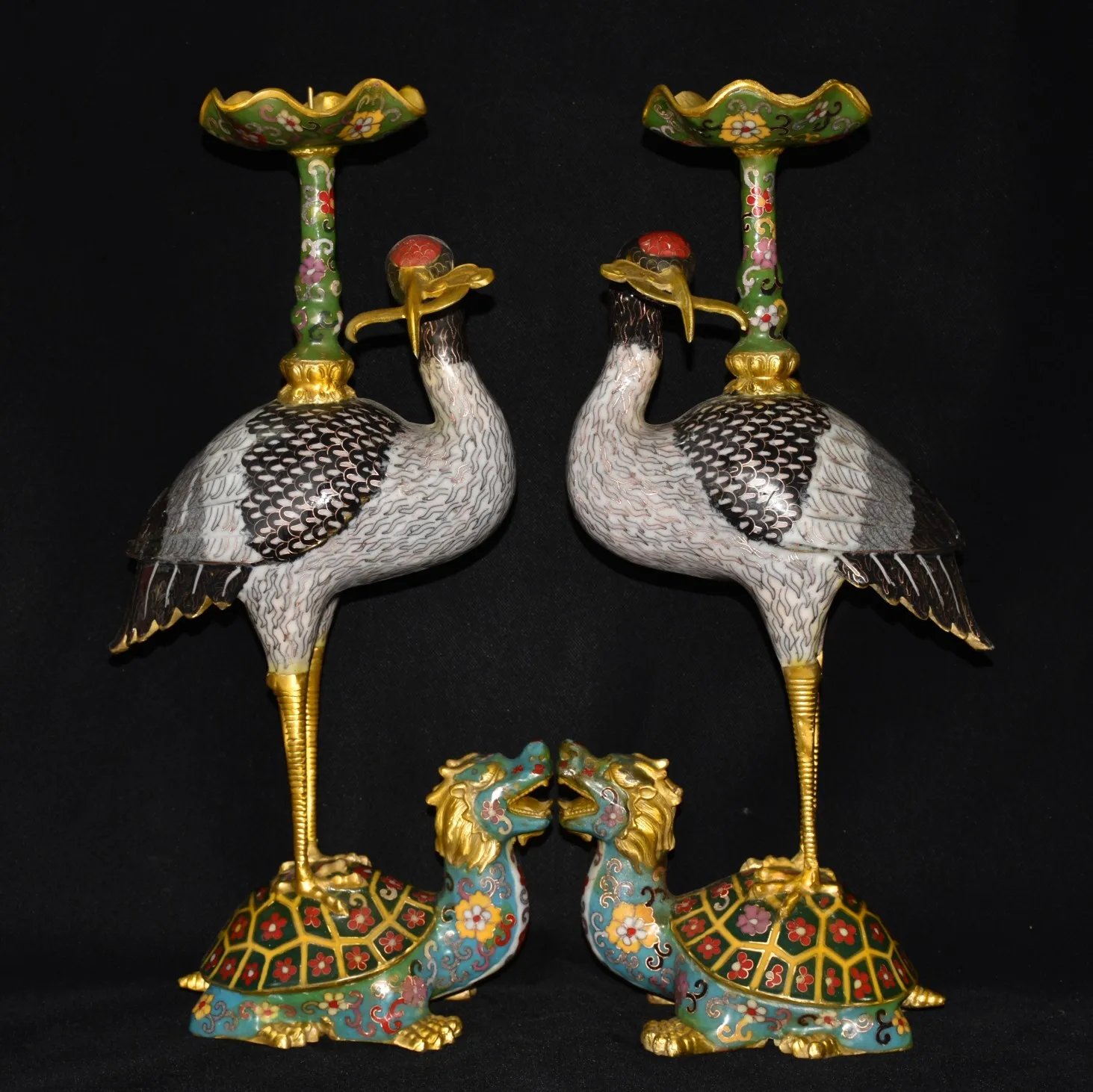 

20" Tibetan Temple Collection Old Bronze Cloisonne Enamel Crane tread Dragon turtle Candle stand candlestick a pair Town House