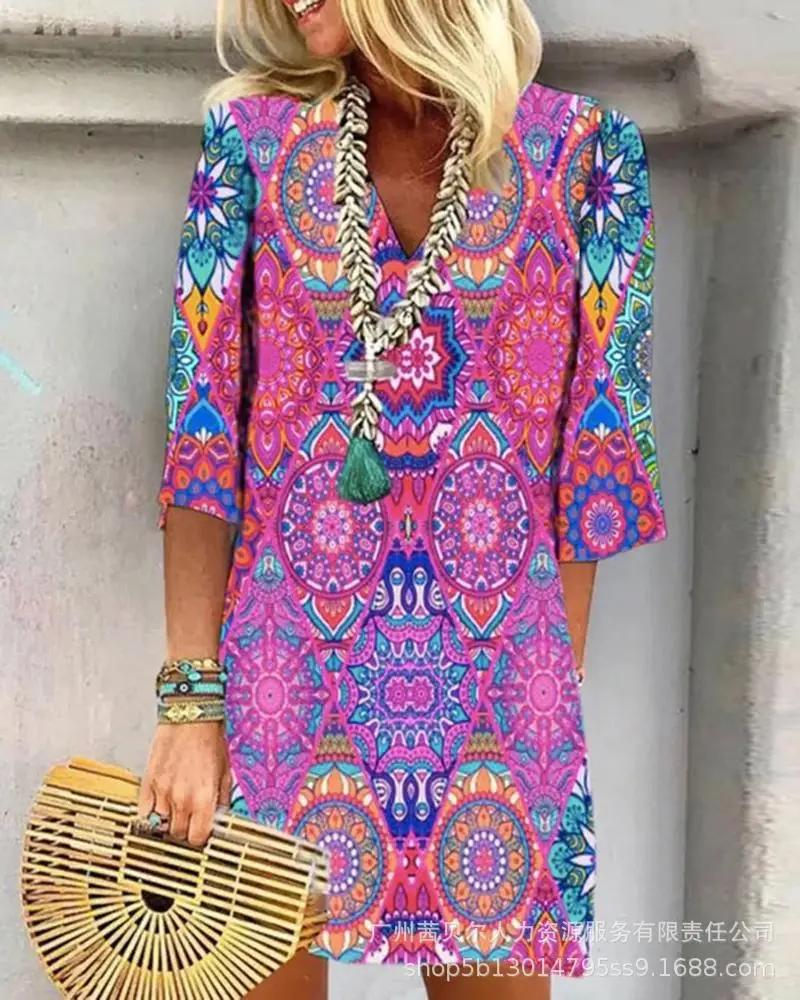 

Womens Dress New V-neck Straight Ethnic Print Casual Dresses for Women