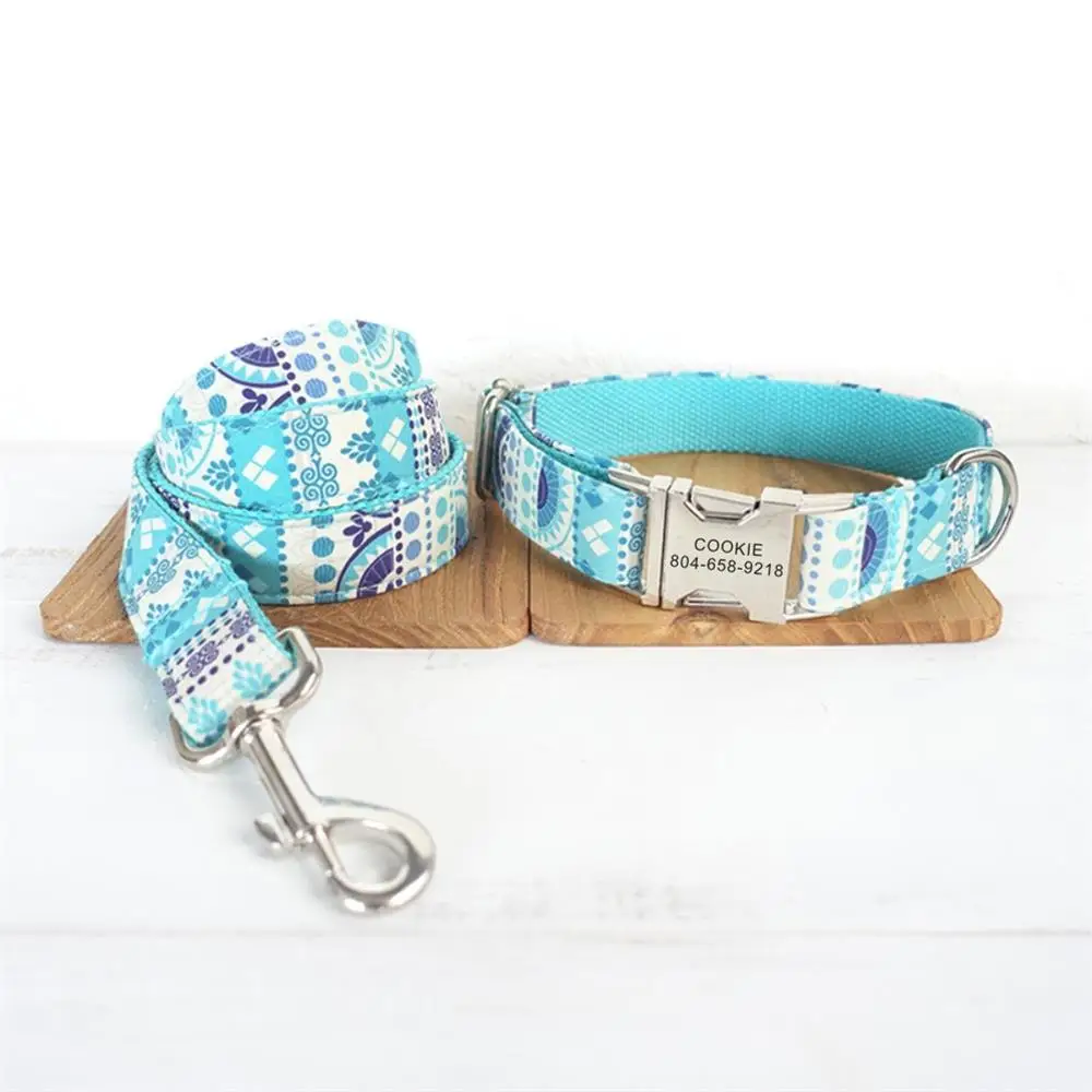 Personalized Pet Collar Customized Nameplate ID Tag Adjustable Light Blue Ethnic National Style Cat Dog Collars Lead Leash Set