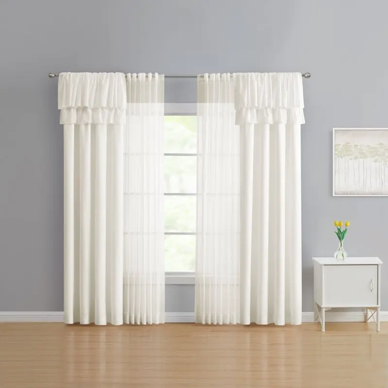 

Ruffled Solid Ivory Window Curtain Panels and Sheers, Set of 4, 50 x 84