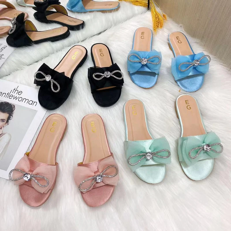 

Сандалии женские кожаные на плоской подошве, модная обувь с бантом, со стразами, дизайнерские шлепанцы, большие размеры, на лето